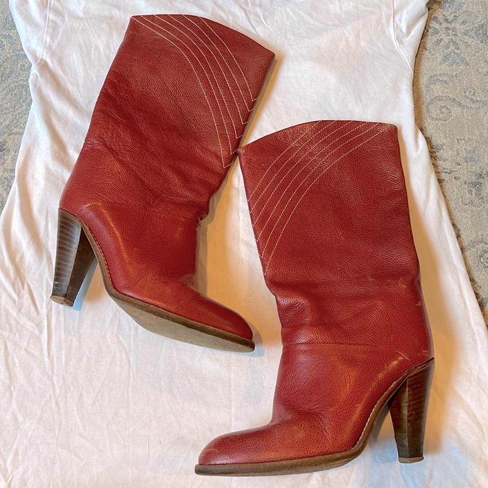 Authentic Vintage 80s Red Boots Textured Leather with Threading Details size 6.5